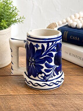 VTG SIGNED Blue White Hand Painted Pottery Tankard Mug Floral Mexican Talavera